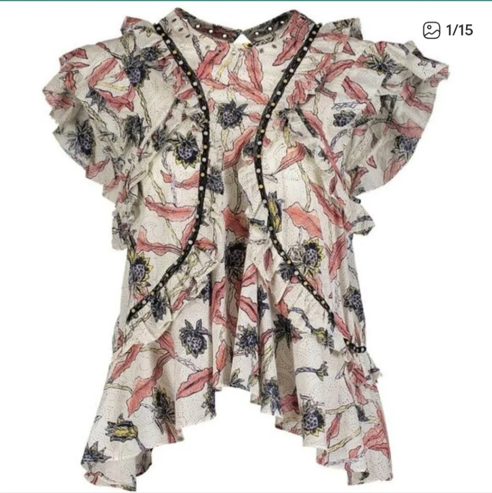 ISABEL MARANT 40 Unice Floral Print Ruffled Top Pink White Black Blouse Ecru - Picture 6 of 16